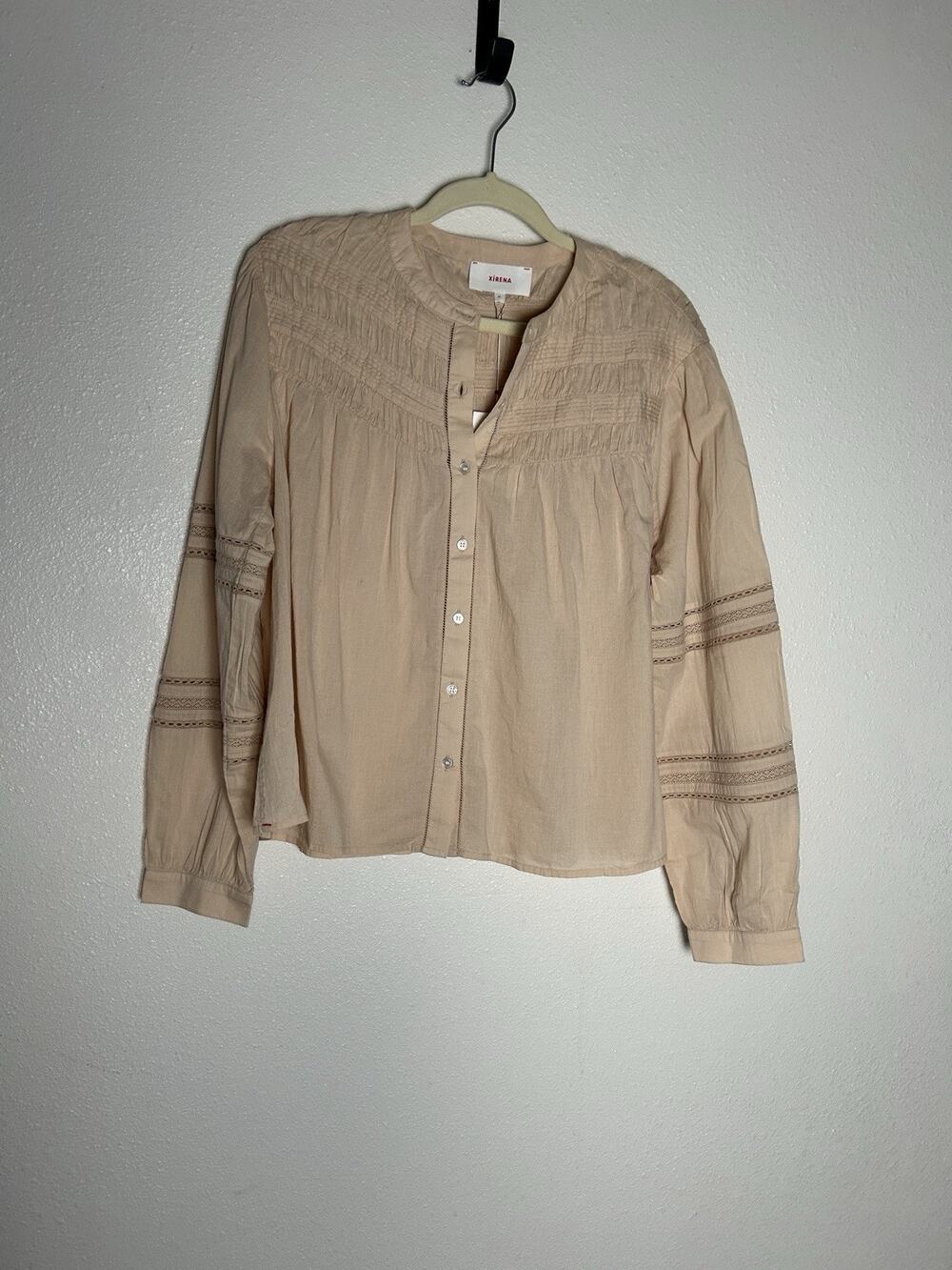 NWT Xirena Allie Shirred Lace Inset Cotton Blouse Pink Button Front Boho Sz Med